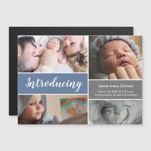 Modern blue Introducing baby script photo collage  Magnetic Invitation