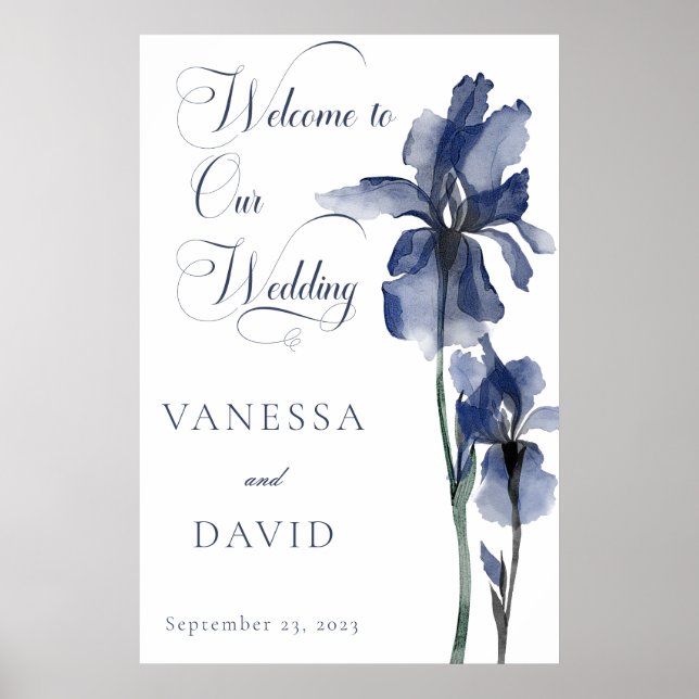 Modern Blue Iris Flower Centered Wedding Poster (Front)