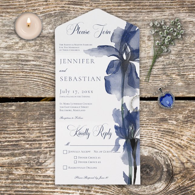 Modern Blue Iris Flower Dinner All In One Invitation (Also available with a QR code or without dinner selection options.)