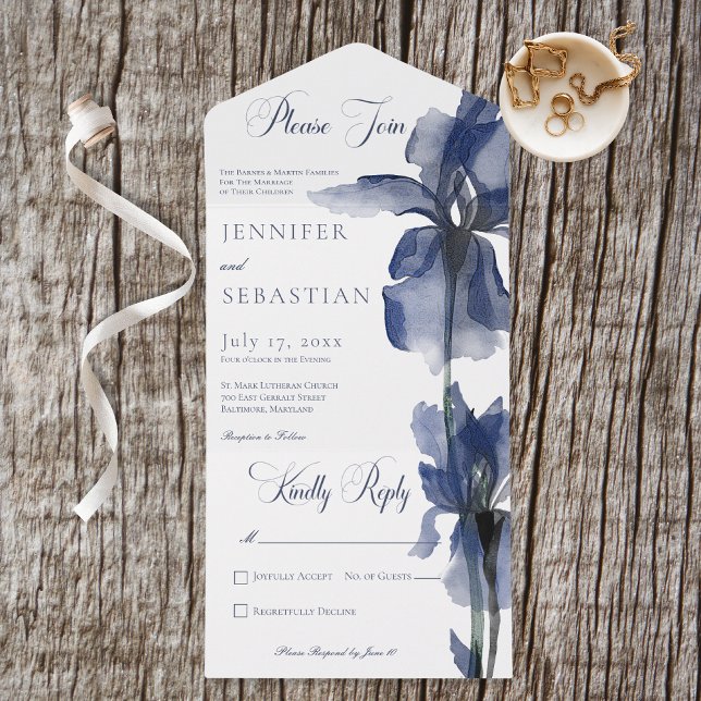 Modern Blue Iris Flower No Dinner All In One Invitation (Also available with a QR code or with dinner selection options.)
