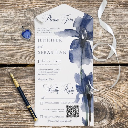 Modern Blue Iris Flower QR Code All In One Invitation