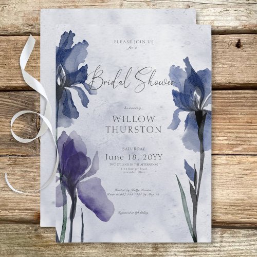 Modern Blue Iris Flowers on Blue Bridal Shower Invitation