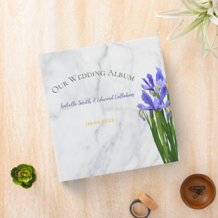 Modern Blue Irises Floral Gray Marble Wedding 3 Ri 3 Ring Binder