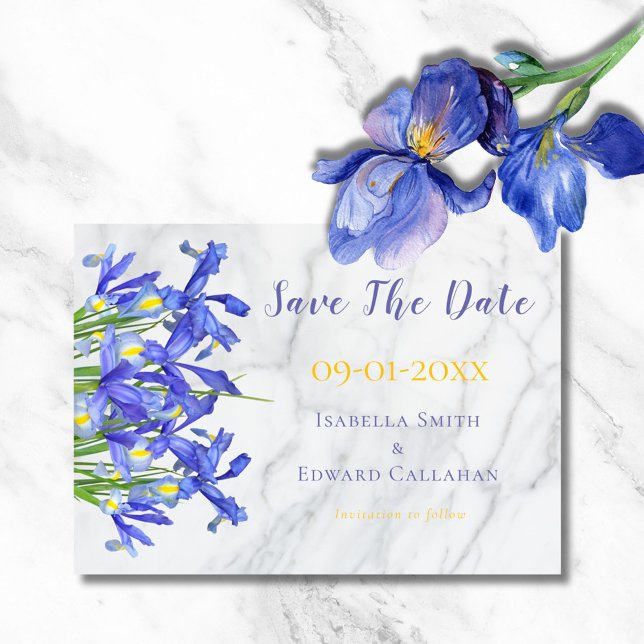 Modern Blue Irises Floral Grey Marble Wedding Save The Date (Creator Uploaded)