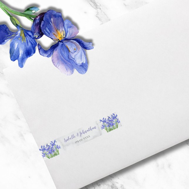 Modern Blue Irises Floral on Grey Marble Wedding Wrap Around Address Label (Creator Uploaded)