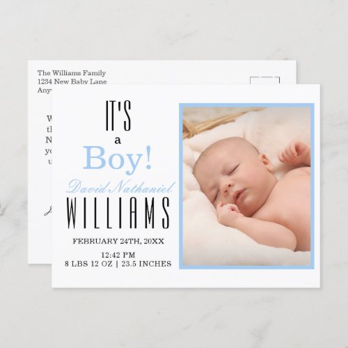 Modern Blue Its a BOY Baby Birth Announcement  Postcard