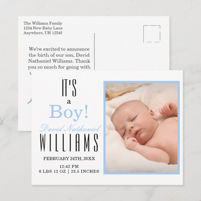 Modern Blue It's a BOY! Baby Birth Announcement  Postcard (Front/Back)