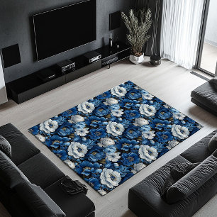 Modern Blue Ivory Floral Decorative Area Rug