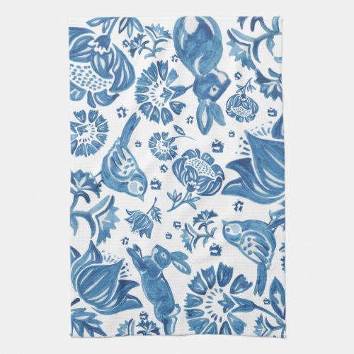 Modern Blue Jacobean Floral Rabbit Bird Pattern Kitchen Towel