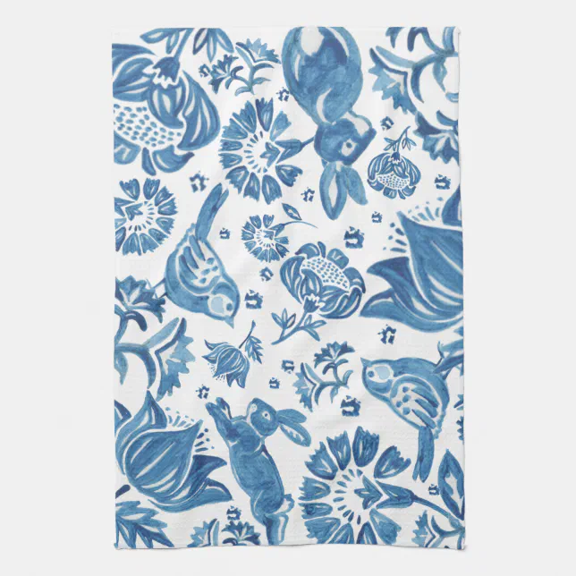 Modern Blue Jacobean Floral Rabbit Bird Pattern Kitchen Towel | Zazzle