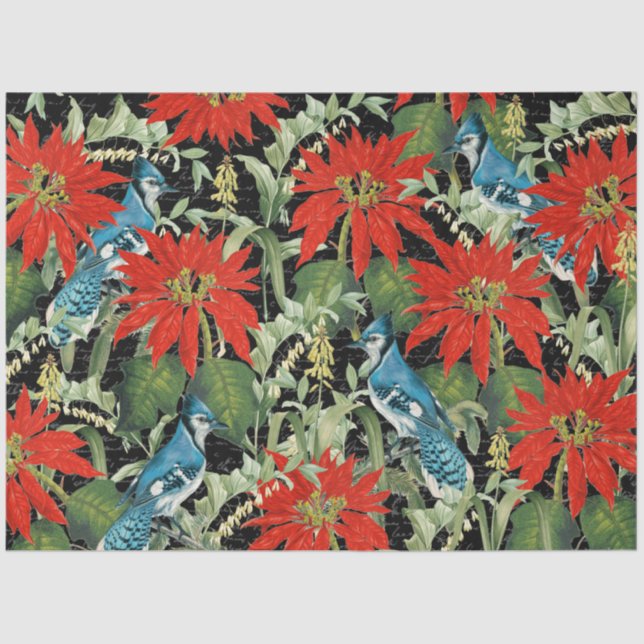 Modern Blue Jay Poinsettia Collage Tissue Paper (Front)