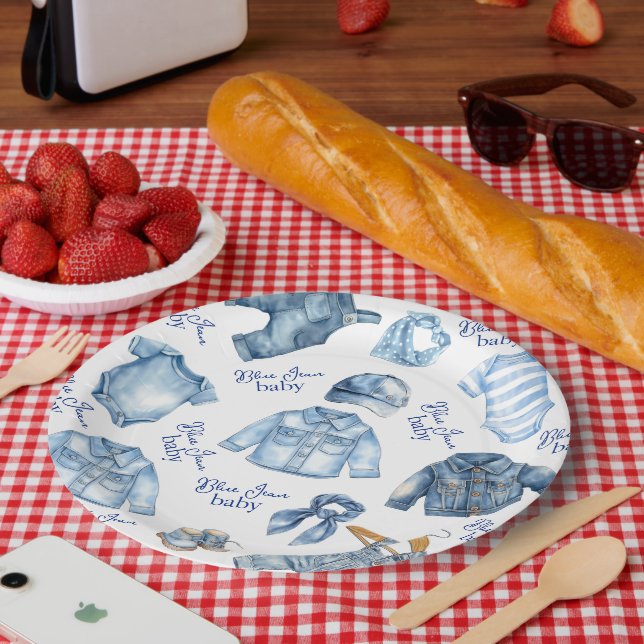 Modern Blue Jean Baby Denim Themed Baby Shower Paper Plates (Picnic)