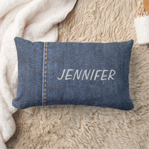 Modern blue jeans denim pattern personalized name lumbar pillow