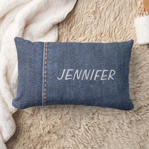 Modern blue jeans denim pattern personalized name lumbar pillow