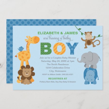 Modern Blue Jungle Animals Boy Baby Shower Invitation