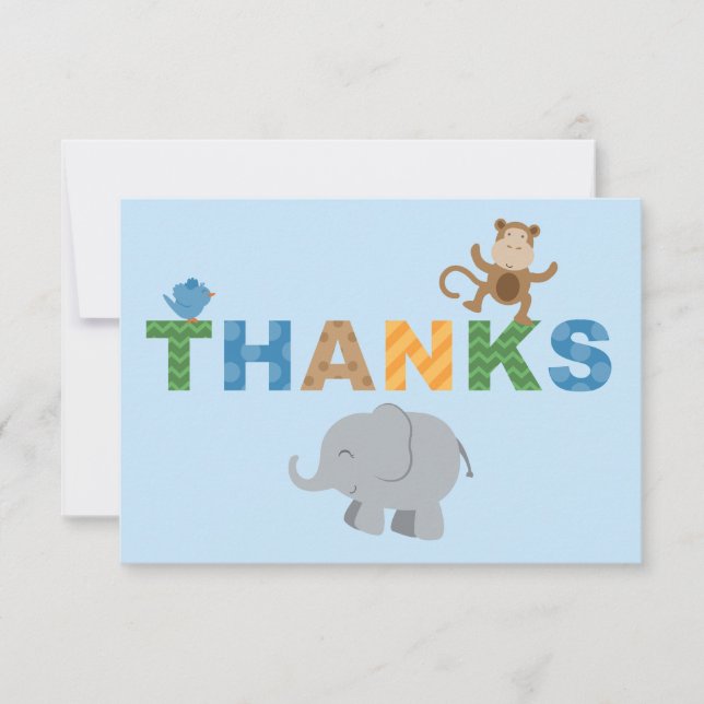 Modern Blue Jungle Animals Boy Baby Shower Thank You Card (Front)