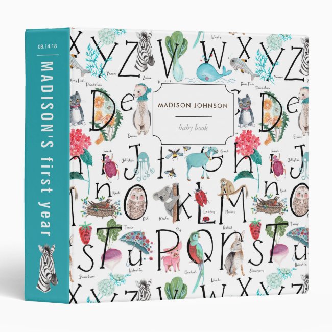 Modern Blue kids ABC Animals Baby book Binder