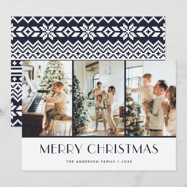 Modern Blue Knitted Pattern Photo Christmas Card (Front/Back)