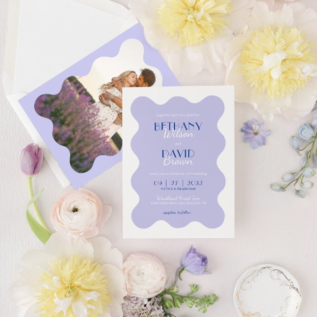 Modern Blue Lavender Wave Scallop Photo Wedding Invitation (Creator Uploaded)