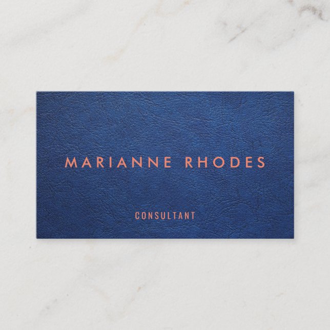 Modern Blue Leather Texture Minimalist Business Card (Front)