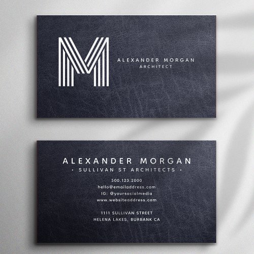 Modern Blue Leather Trendy Monogram Business Card