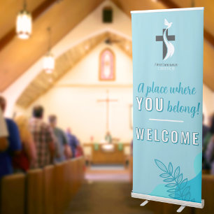Modern Blue Leaves Church Welcome Add Your Logo Retractable Banner