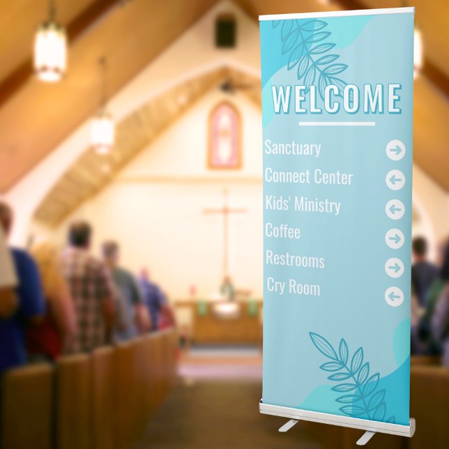 Modern Blue Leaves Church Welcome Directional Sign (Creator Uploaded)