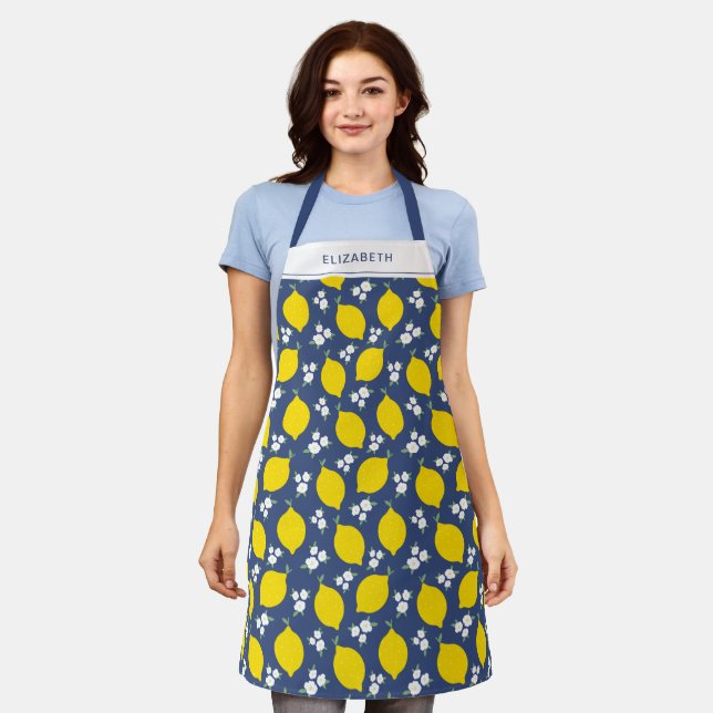 Modern Blue Lemon Floral Pattern Baking Apron (Worn)