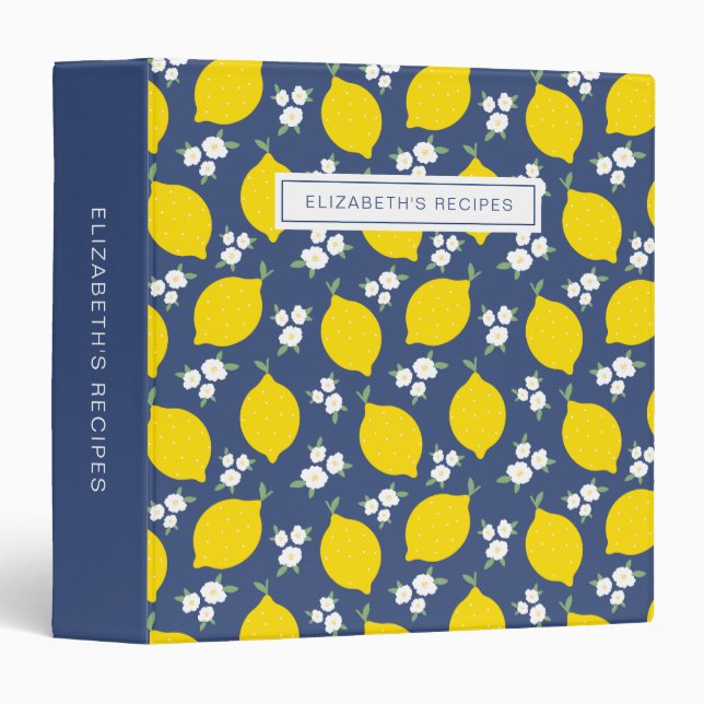 Modern Blue Lemon Floral Pattern Recipe 3 Ring Binder (Front/Spine)