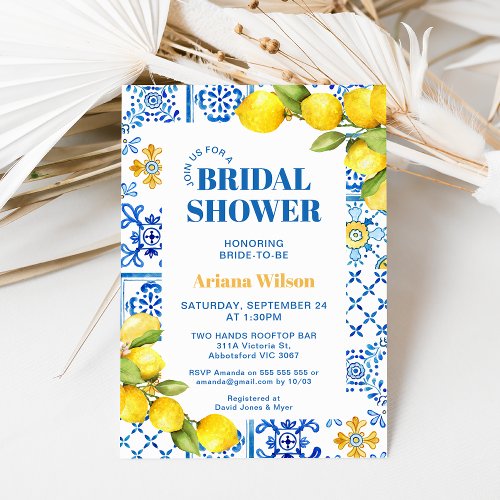 Modern Blue Lemon Tile Bridal Shower Invitation
