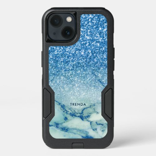 Modern Blue Light_Blue Glitter  Marble Ombre iPhone 13 Case