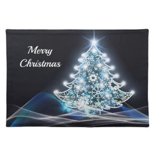 Modern Blue Lighted Christmas Tree Graphic Cloth Placemat