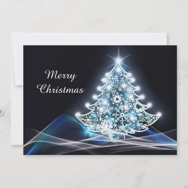 Modern Blue Lighted Christmas Tree Graphic Holiday Card (Front)