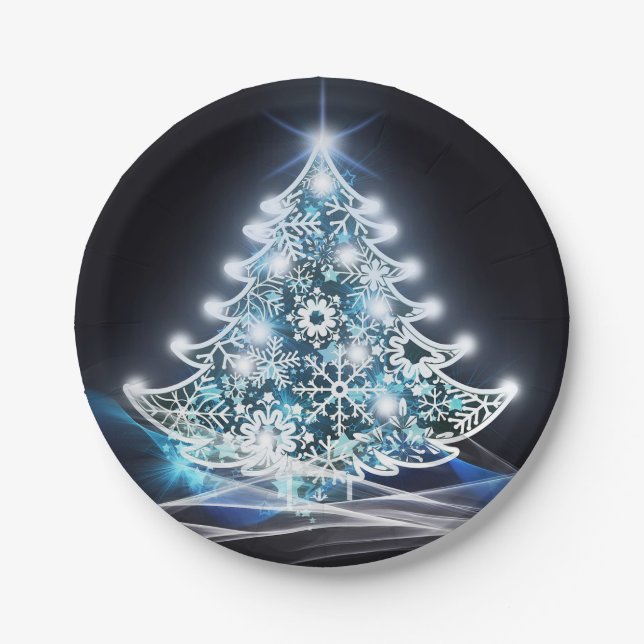 Modern Blue Lighted Christmas Tree Graphic Paper Plates (Front)