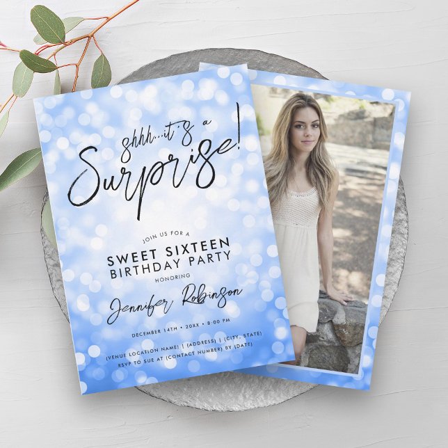 Modern Blue Lights Photo Surprise Sweet 16 Invitation (Modern Blue Lights Photo Surprise Sweet 16 Invitation)