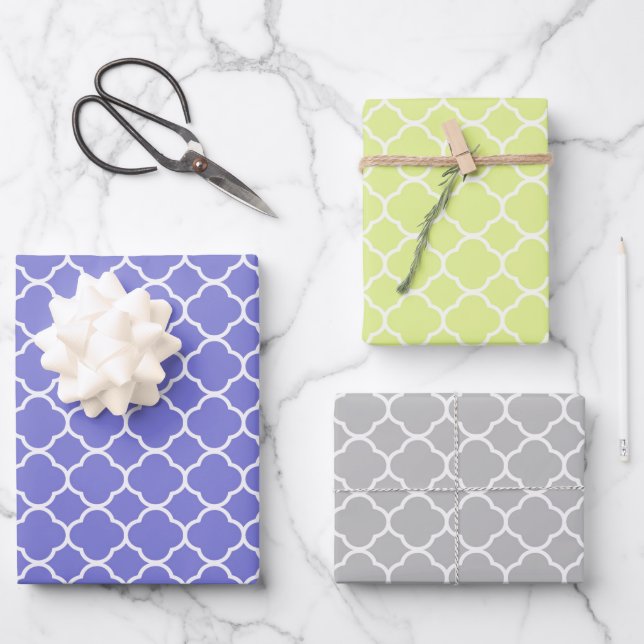 Modern Blue, Lime Green, Gray Geometric Quatrefoil Wrapping Paper Sheets (Front)
