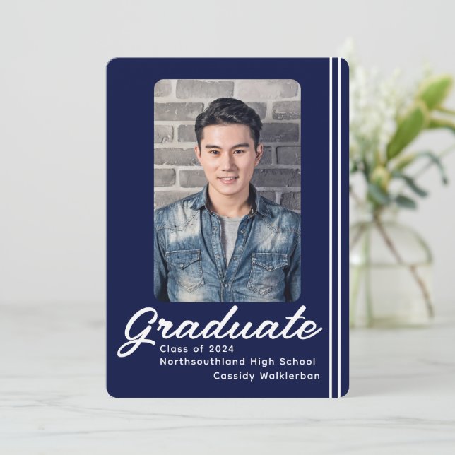 Modern Blue Line Photo Graduation Announcement (Standing Front)