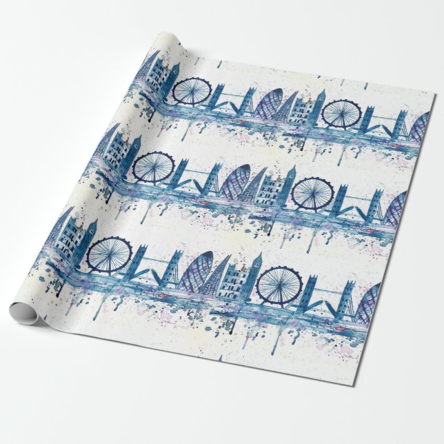 Modern Blue London skyline watercolor Wrapping Paper (Unrolled)