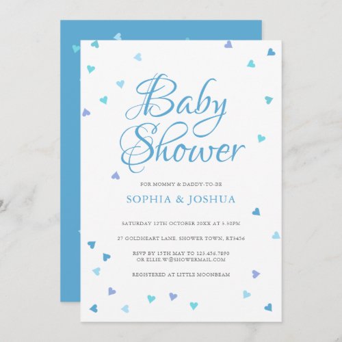 Modern Blue Love Hearts Couples Baby Boy Shower Invitation