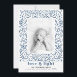 Modern Blue Love & Light Hanukkah Photo Holiday Card<br><div class="desc">A modern Hanukkah photo card design, featuring a hand-illustrated border made with foliage and chestnuts and a bold header that reads "love & light" in a beautiful light navy blue color. Personalize with your family name and favorite picture. The image has a black and white filter that can be removed...</div>