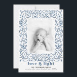 Modern Blue Love & Light Hanukkah Photo Holiday Card<br><div class="desc">A modern Hanukkah photo card design, featuring a hand-illustrated border made with foliage and chestnuts and a bold header that reads "love & light" in a beautiful light navy blue color. Personalize with your family name and favorite picture. The image has a black and white filter that can be removed...</div>