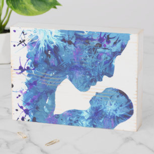 Modern Blue Madonna and Child Watercolor Art Wooden Box Sign