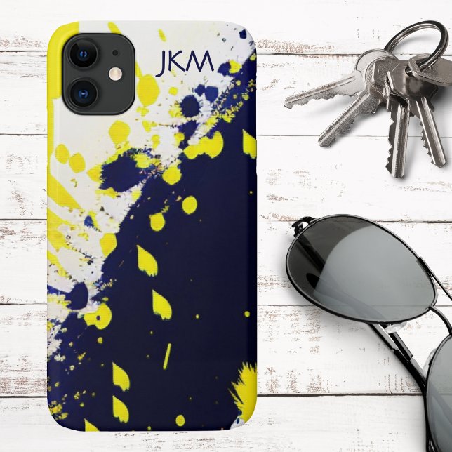 Modern Blue & Maize Paint Splatter Monogram Iphone Case (Creator Uploaded)