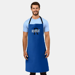 Modern blue man monogram name apron