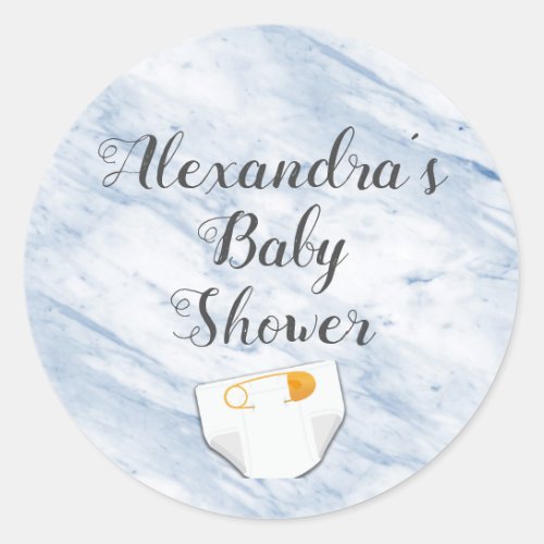 Modern Blue Marble Baby Shower Diaper Personalized Classic Round Sticker