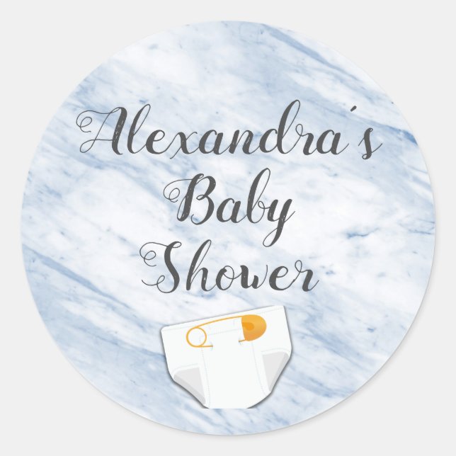 Modern Blue Marble Baby Shower Diaper Personalized Classic Round Sticker (Front)