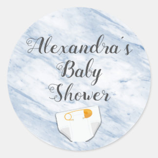 Modern Blue Marble Baby Shower Diaper Personalized Classic Round Sticker