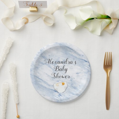 Modern Blue Marble Baby Shower Diaper Personalized Paper Plates