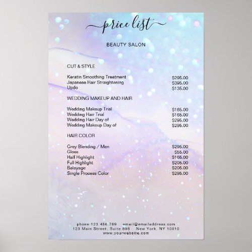 Modern Blue Marble Glitter Salon Price List  Poster