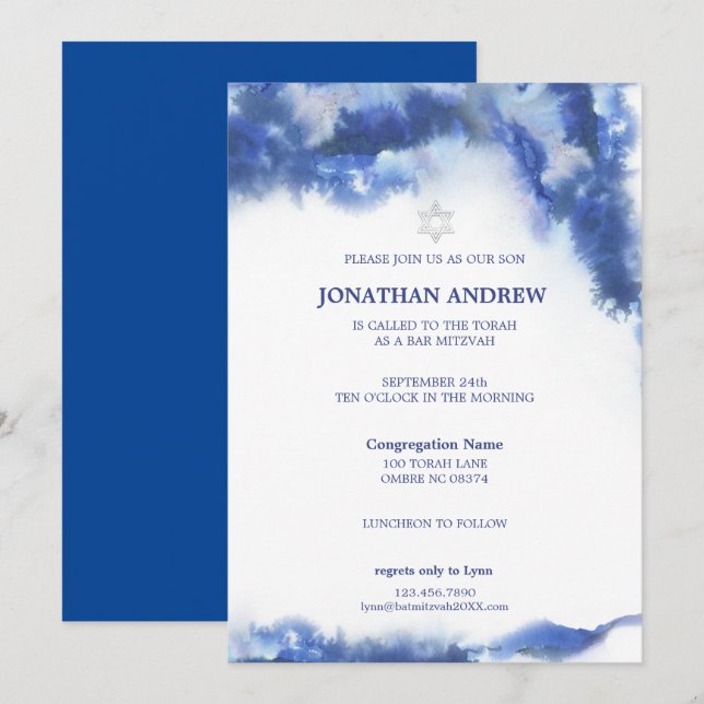 Modern Blue Marble Ocean Ombre Bar Mitzvah Invitation (Front/Back)
